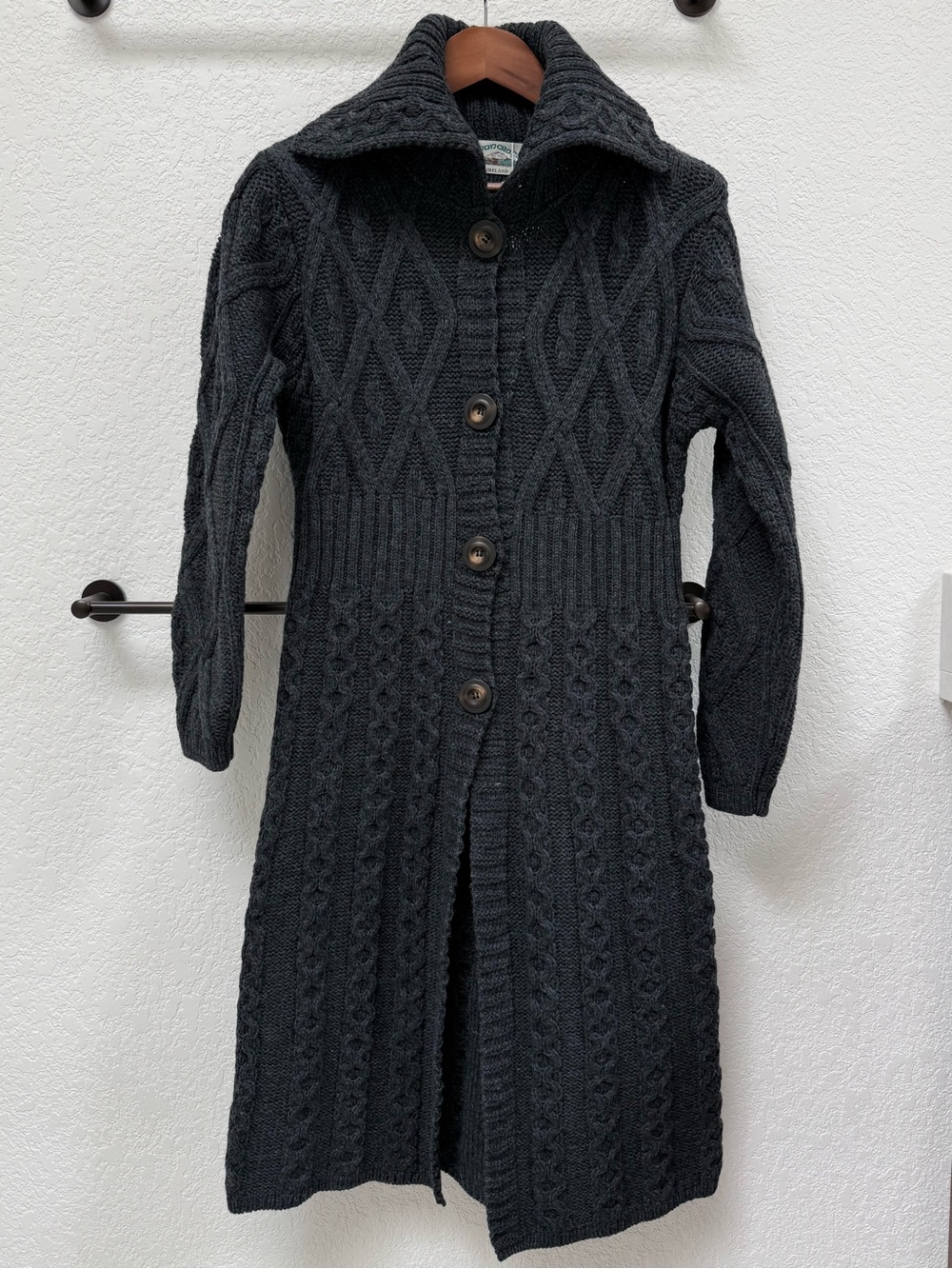 Aran Crafts Ireland 100% Meriono Wool Charcoal Flared cable knit coat - Size: S - Picture 1 of 11